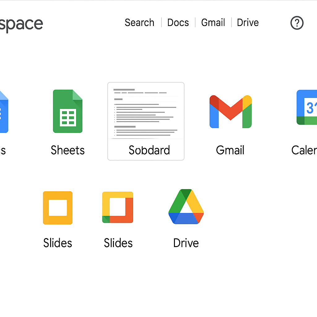 Google Workspace dashboard with productivity apps like Docs, Sheets, and Drive.”