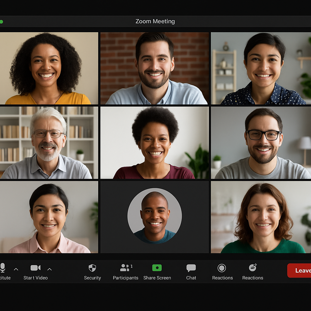 Zoom meeting with multiple participants in video tiles.”