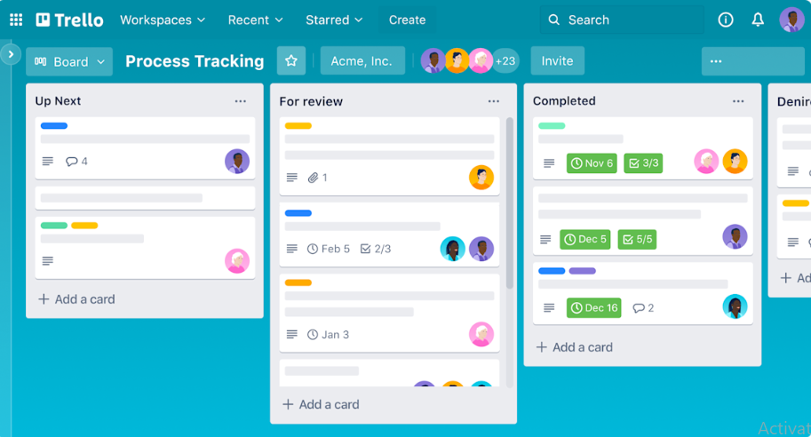 Trello Kanban board with project tasks organized in lists.”